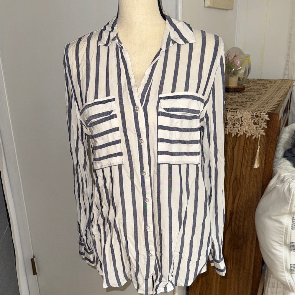 Navy Striped Button-Down Shirt for Women